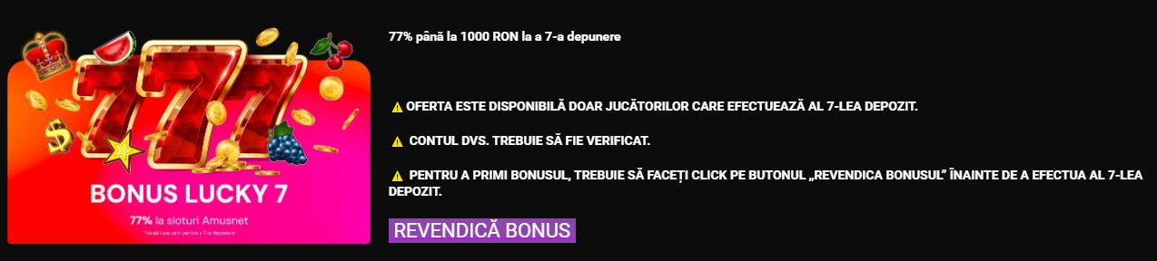 Obține bonus Lucky 7 de 77% la a șaptea depunere