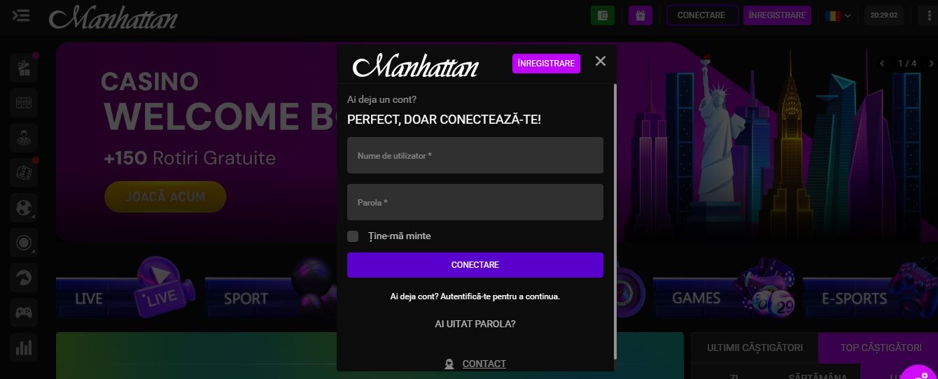 Conectează-te la contul Manhattan cu utilizator și parolă
