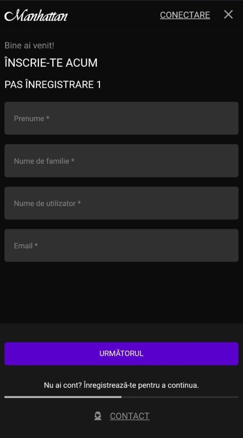 Înregistrează cont nou pe telefonul mobil la Manhattan