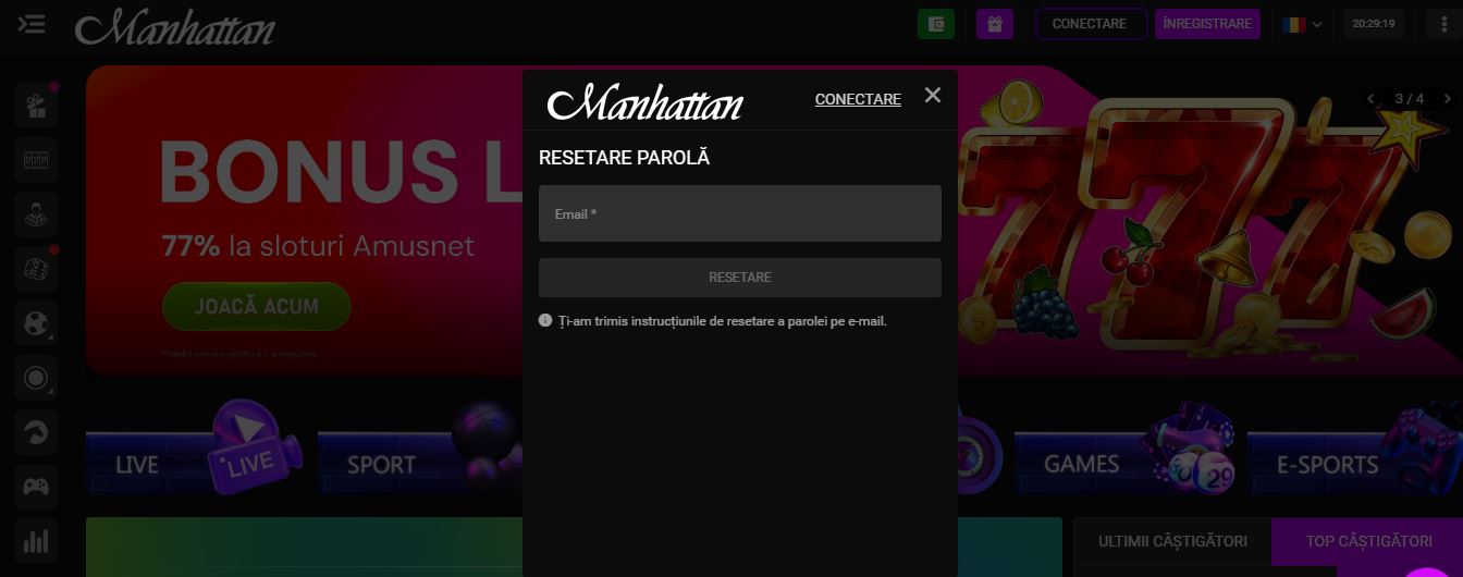 Resetează parola contului Manhattan Casino prin email